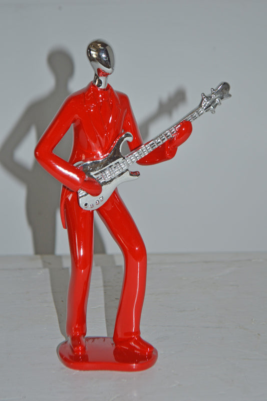 Modern Art Red and Chrome Man Playing Guitar Resin Statue - Size: 7" x 3" x 11"H