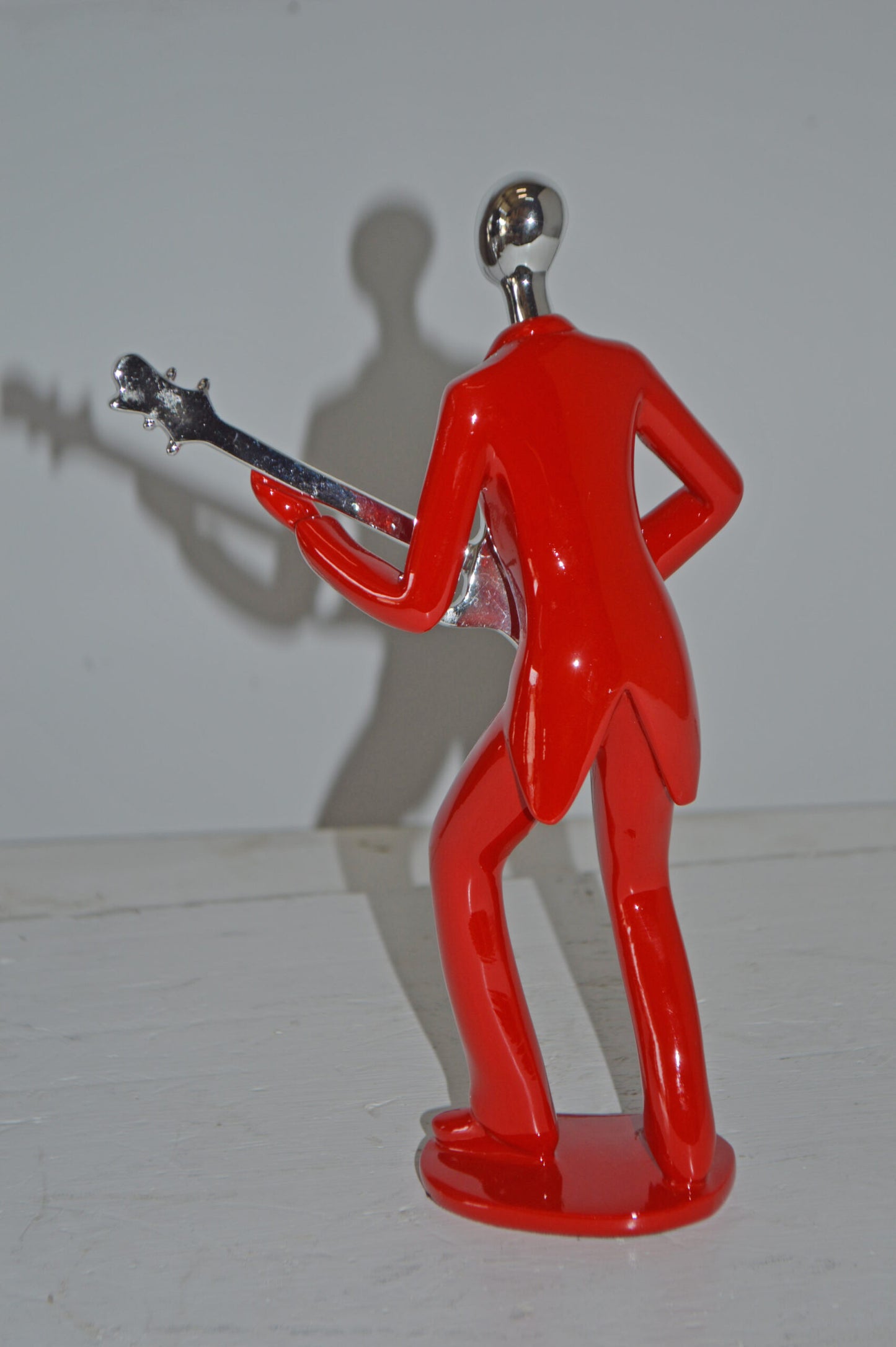 Modern Art Red and Chrome Man Playing Guitar Resin Statue - Size: 7" x 3" x 11"H