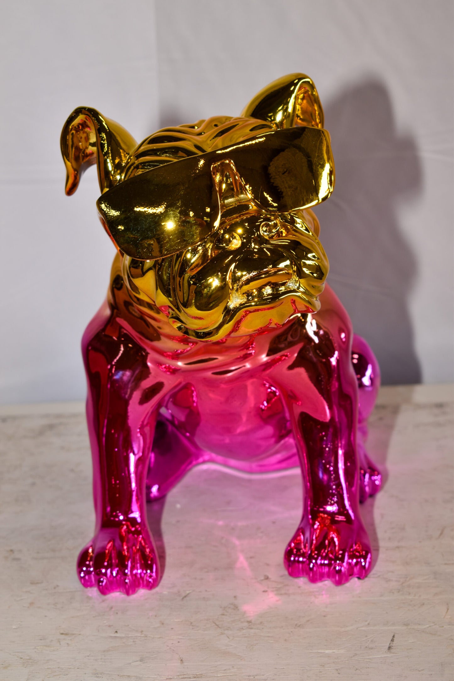 Ombre Pink Chrome Colored Bulldog Resin Statue 16" x 9" x 13"H