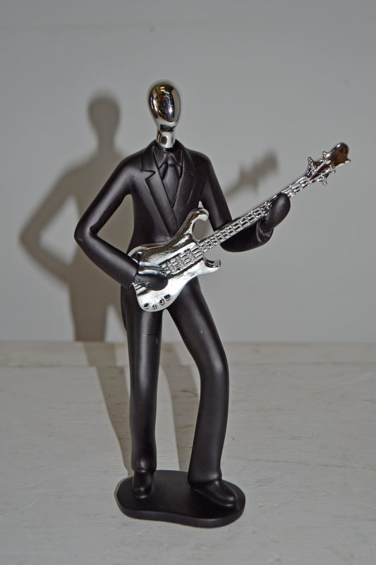 Modern Art Black and Chrome Man Playing Guitar Resin Statue - Size: 7"x3"x11"H