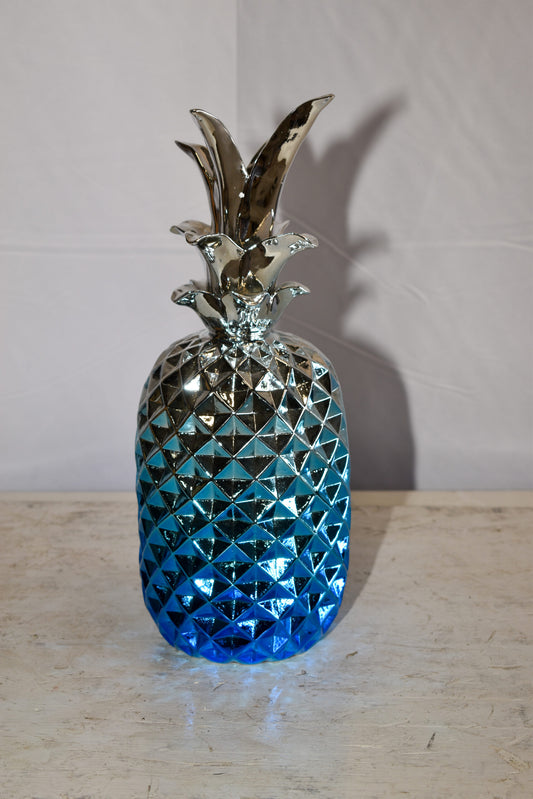 Ombre Blue Chrome Pineapple Resin Statue 6" x 6" x 15"H