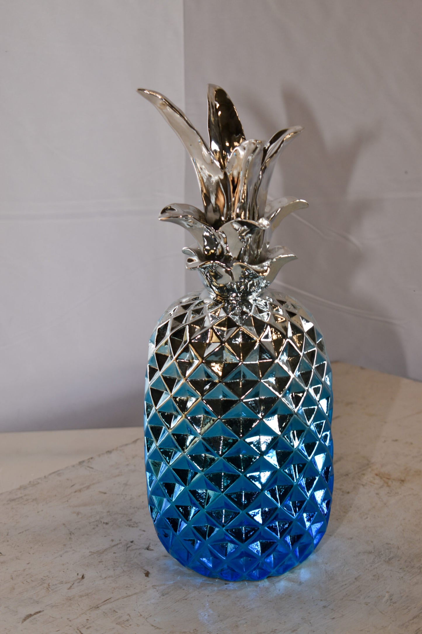 Ombre Blue Chrome Pineapple Resin Statue 6" x 6" x 15"H