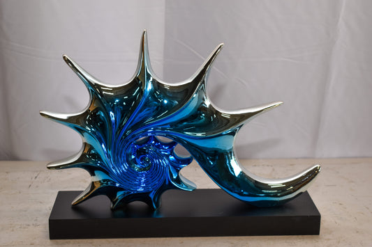 Modern Blue Chrome Sea Urchin Resin Statue on Black Base 17" x 4" x 12"H