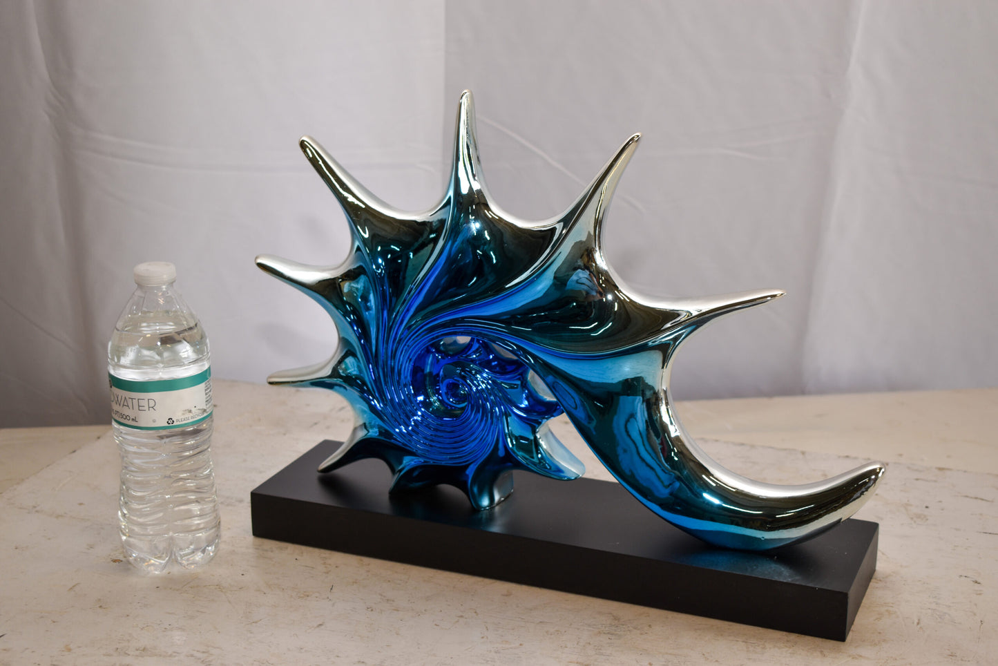 Modern Blue Chrome Sea Urchin Resin Statue on Black Base 17" x 4" x 12"H