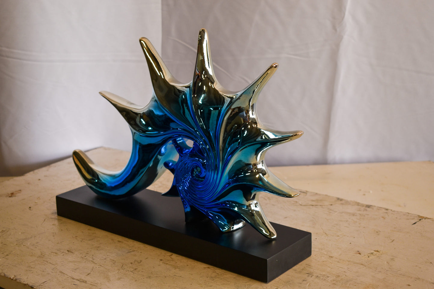 Modern Blue Chrome Sea Urchin Resin Statue on Black Base 17" x 4" x 12"H
