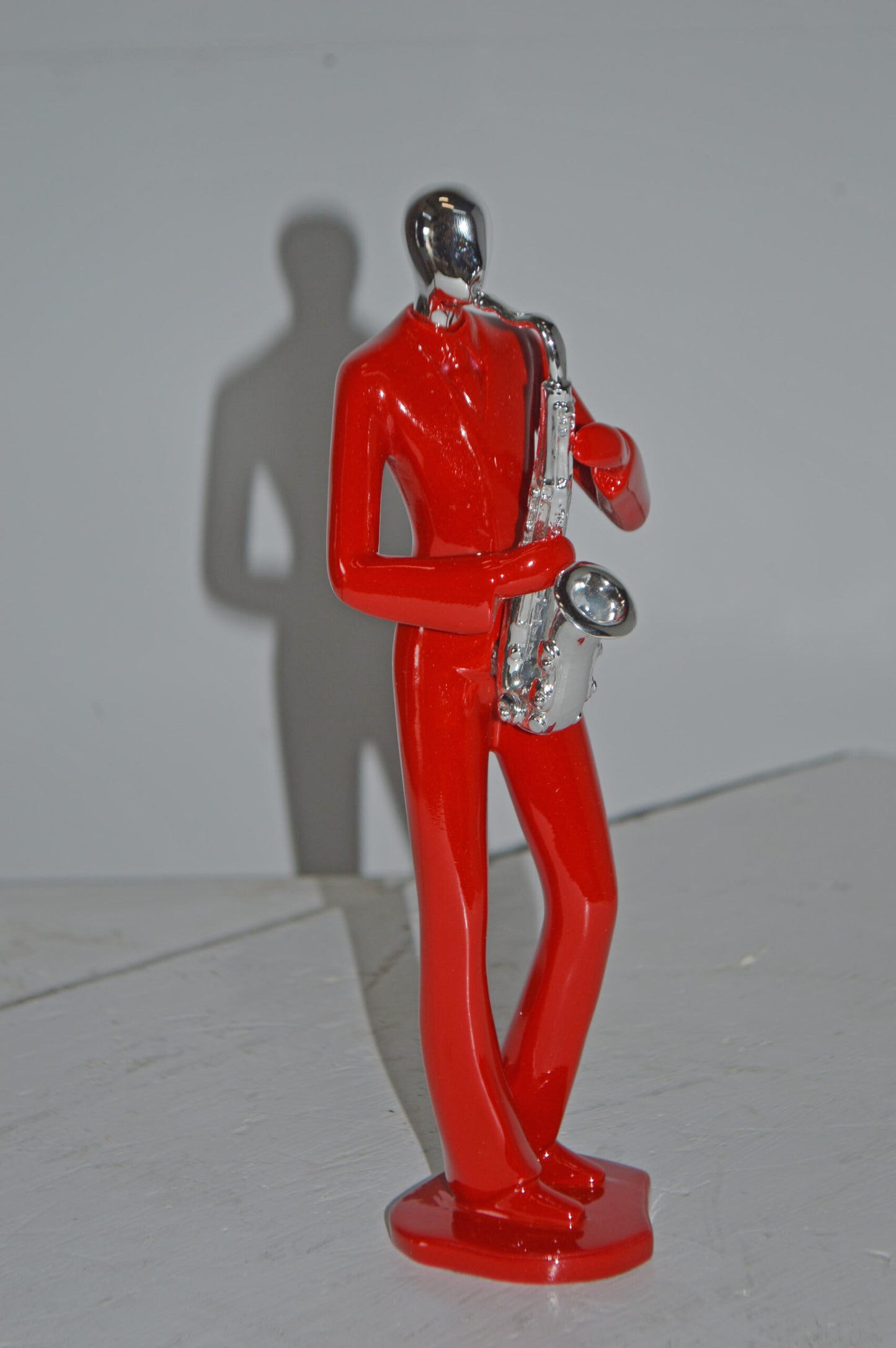 Modern Art Red and Chrome Man Play Saxophone Resin Statue - Size: 4" x 3" x 11"H