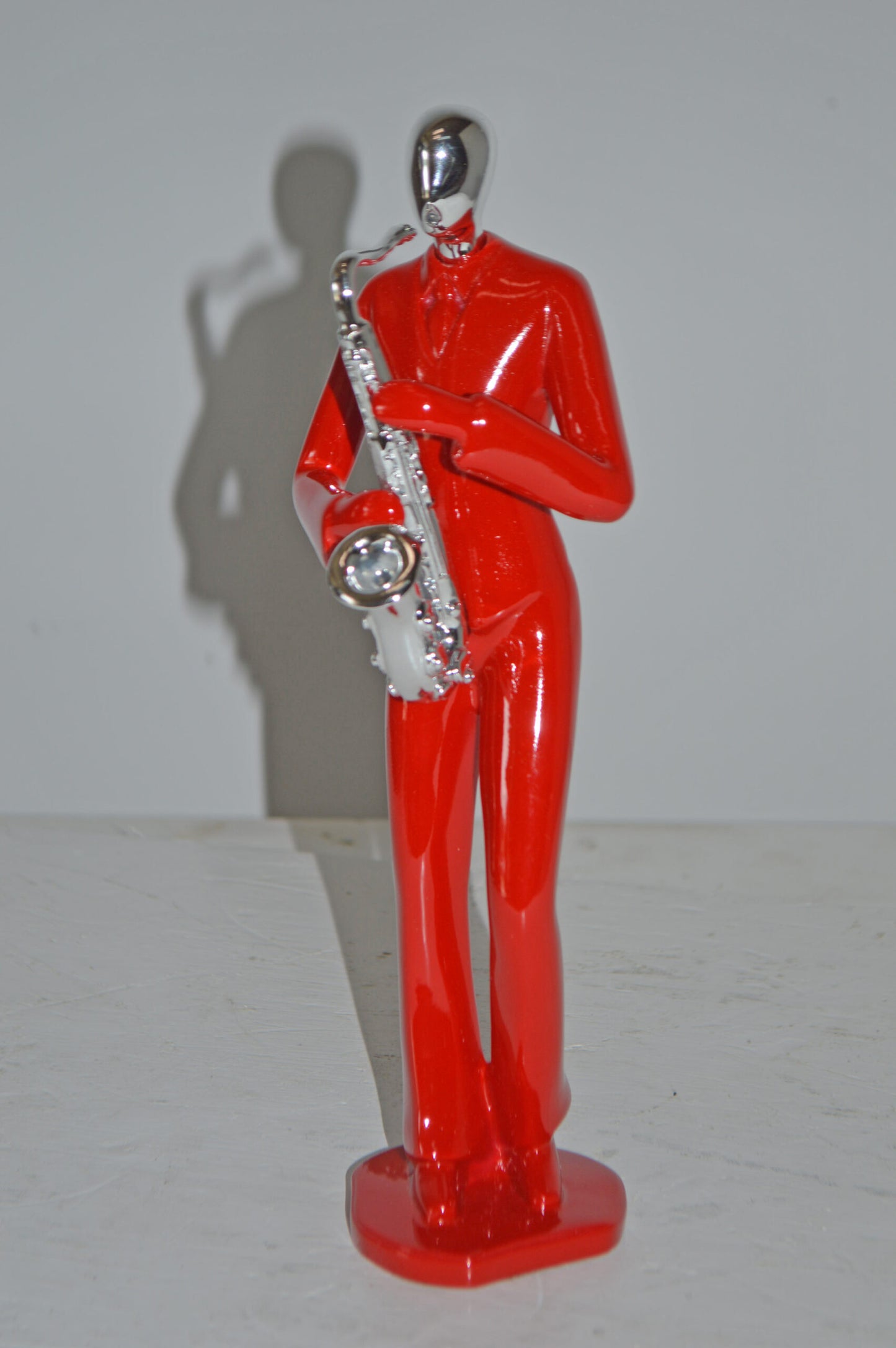 Modern Art Red and Chrome Man Play Saxophone Resin Statue - Size: 4" x 3" x 11"H