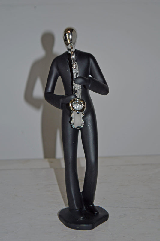 Modern Art Black and Chrome Man Play Saxophone Resin Statue - Size: 4"x3"x11"H