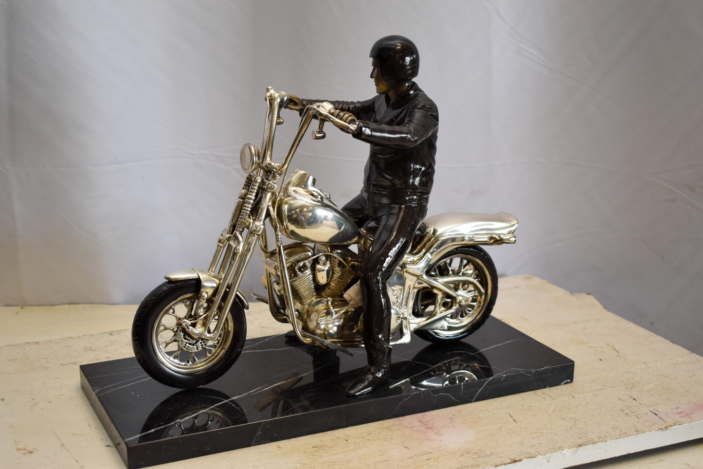 Harley Davidson Rider on his Bike Replica Bronze Statue 20" x 9" x 13"H