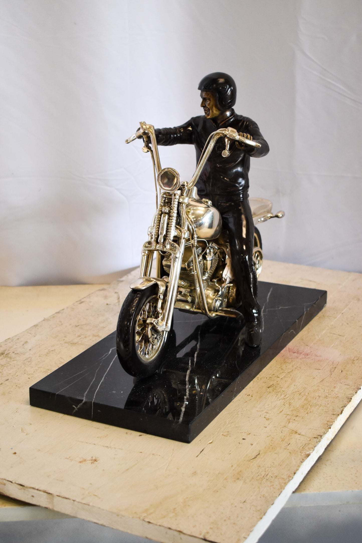 Harley Davidson Rider on his Bike Replica Bronze Statue 20" x 9" x 13"H