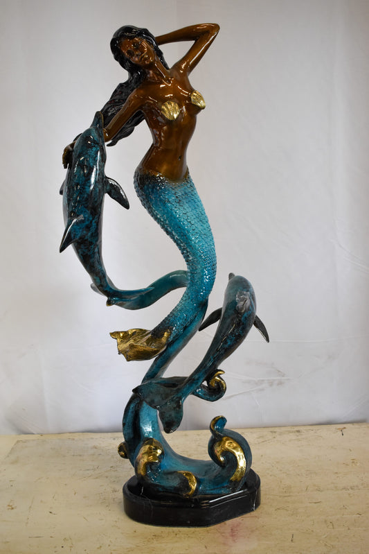 Graceful Mermaid and Two Dolphins Bronze Statue 13" x 9" x 31"H