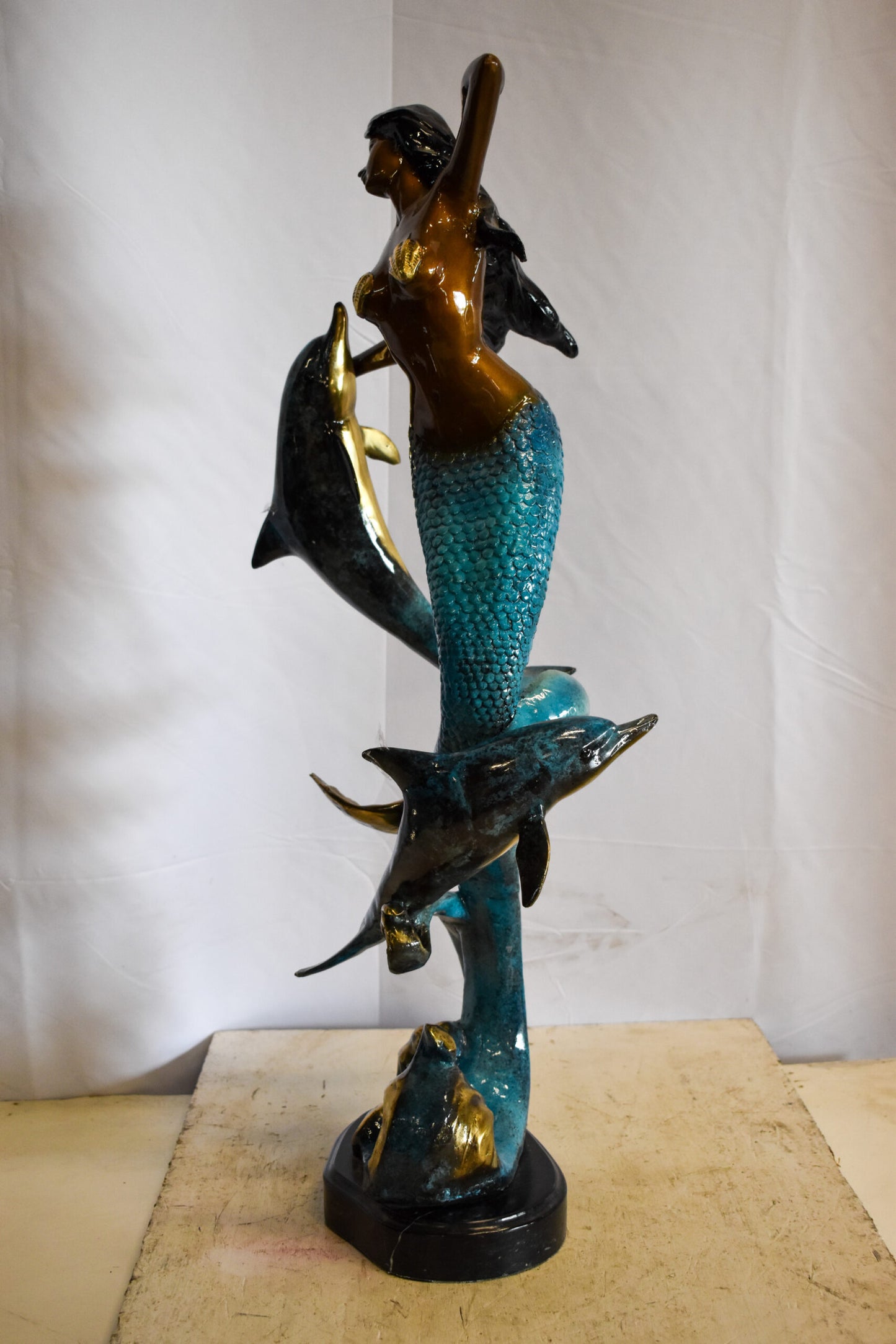 Graceful Mermaid and Two Dolphins Bronze Statue 13" x 9" x 31"H