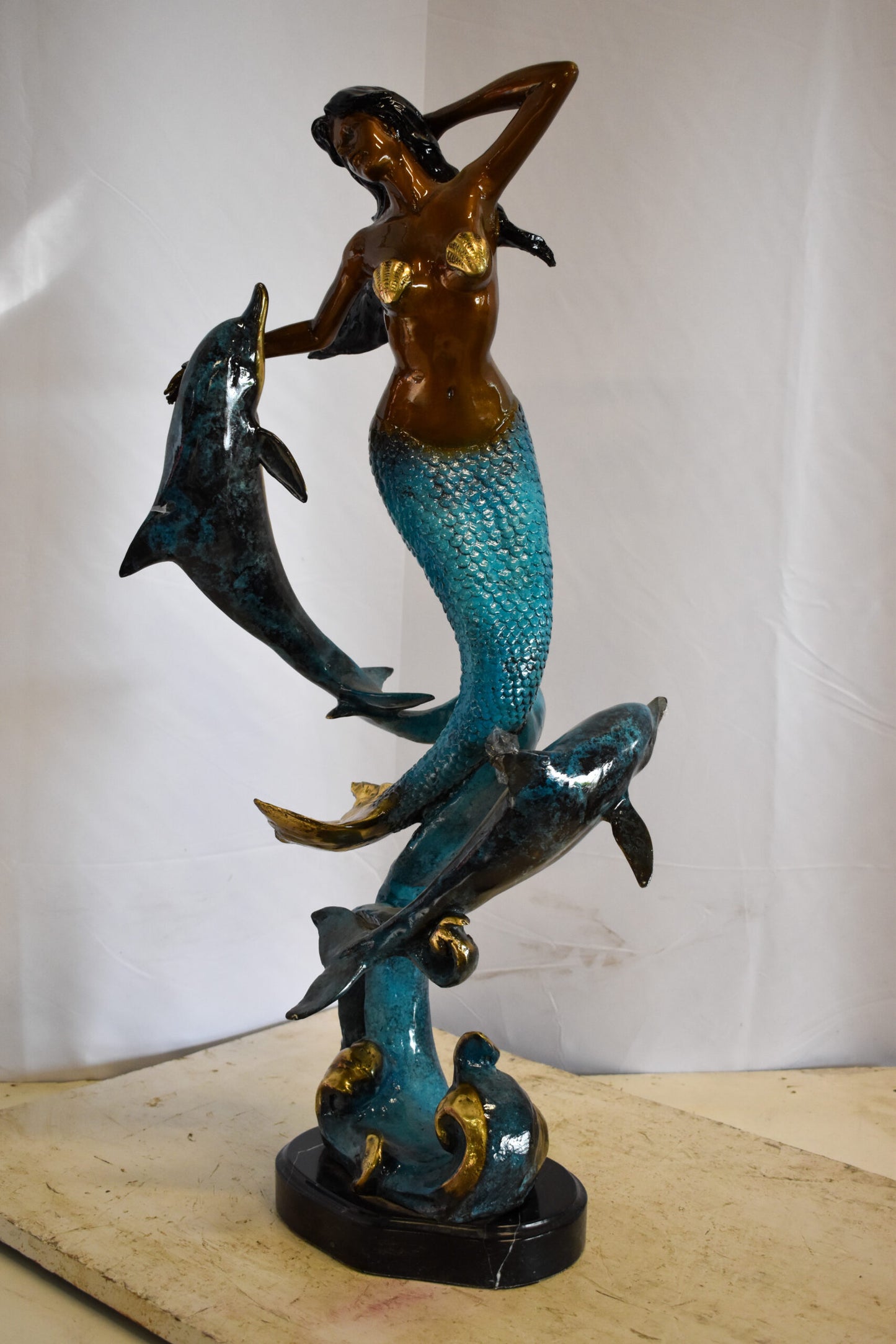 Graceful Mermaid and Two Dolphins Bronze Statue 13" x 9" x 31"H