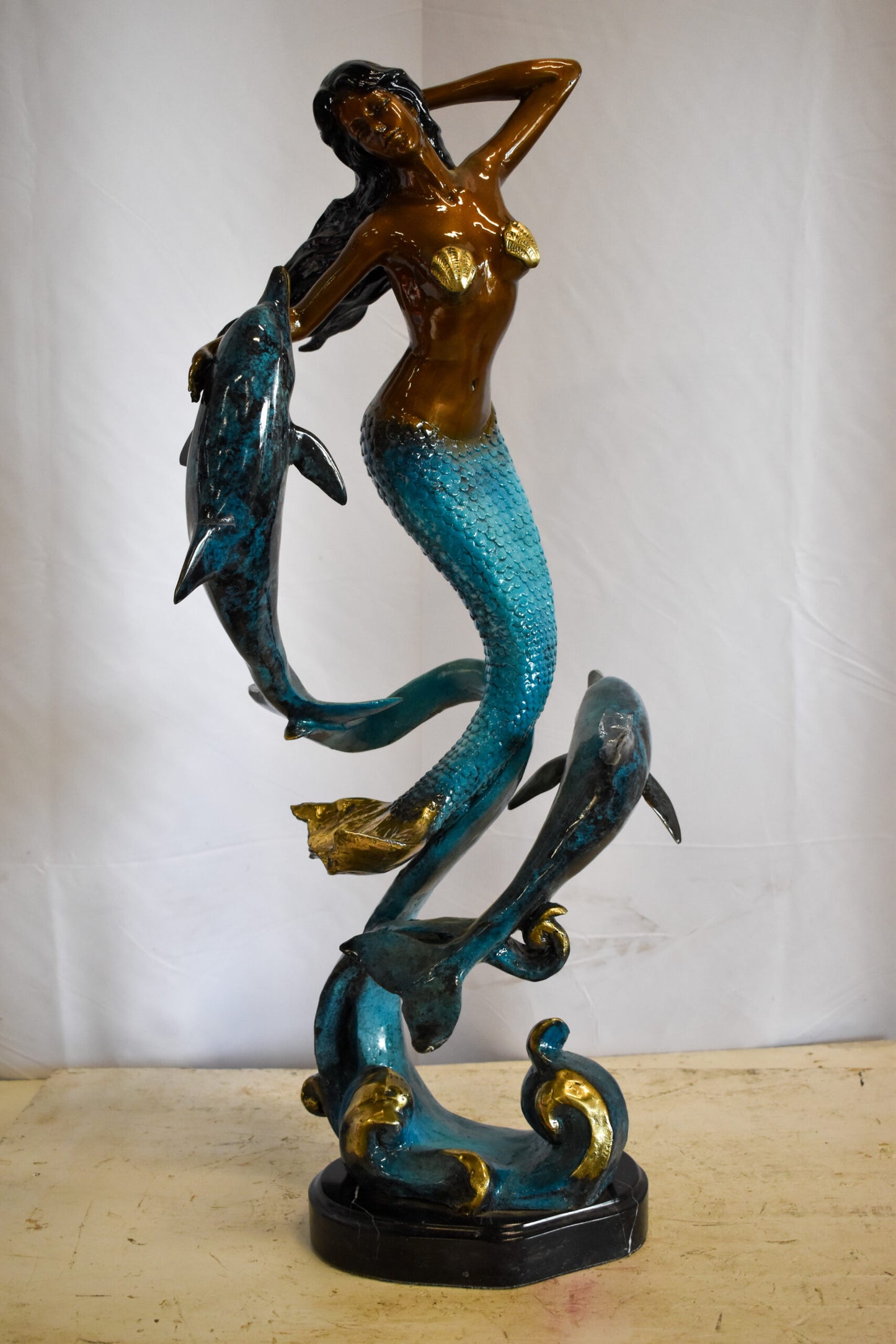 Graceful Mermaid and Two Dolphins Bronze Statue 13" x 9" x 31"H