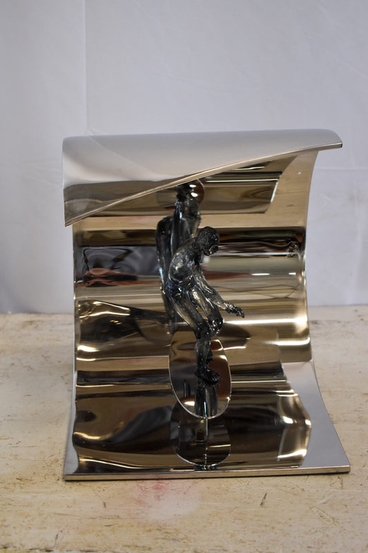 Modern Unique Stainless Steel Ocean Wave Surfer Statue 10" x 9" x 11"H
