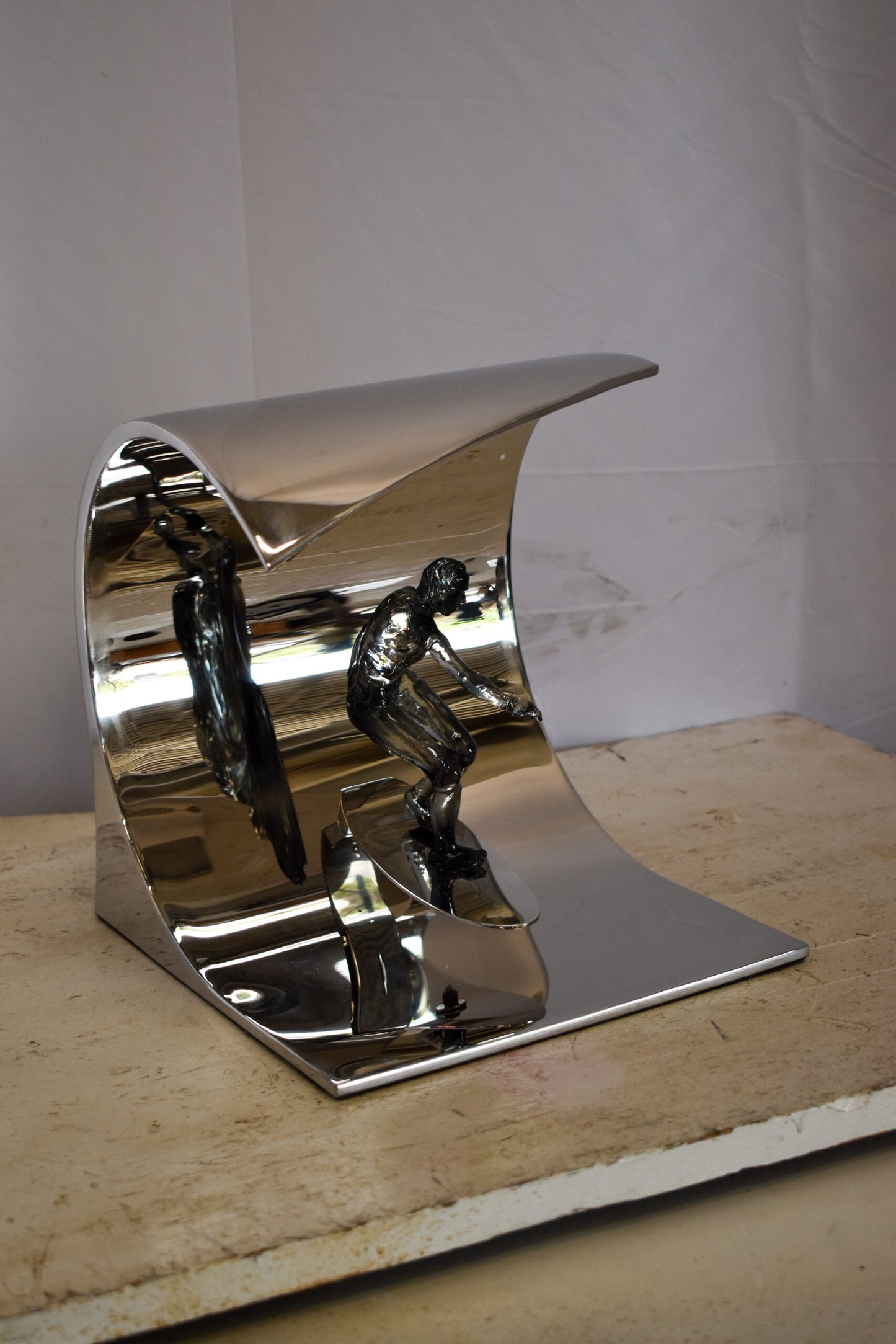 Modern Unique Stainless Steel Ocean Wave Surfer Statue 10" x 9" x 11"H