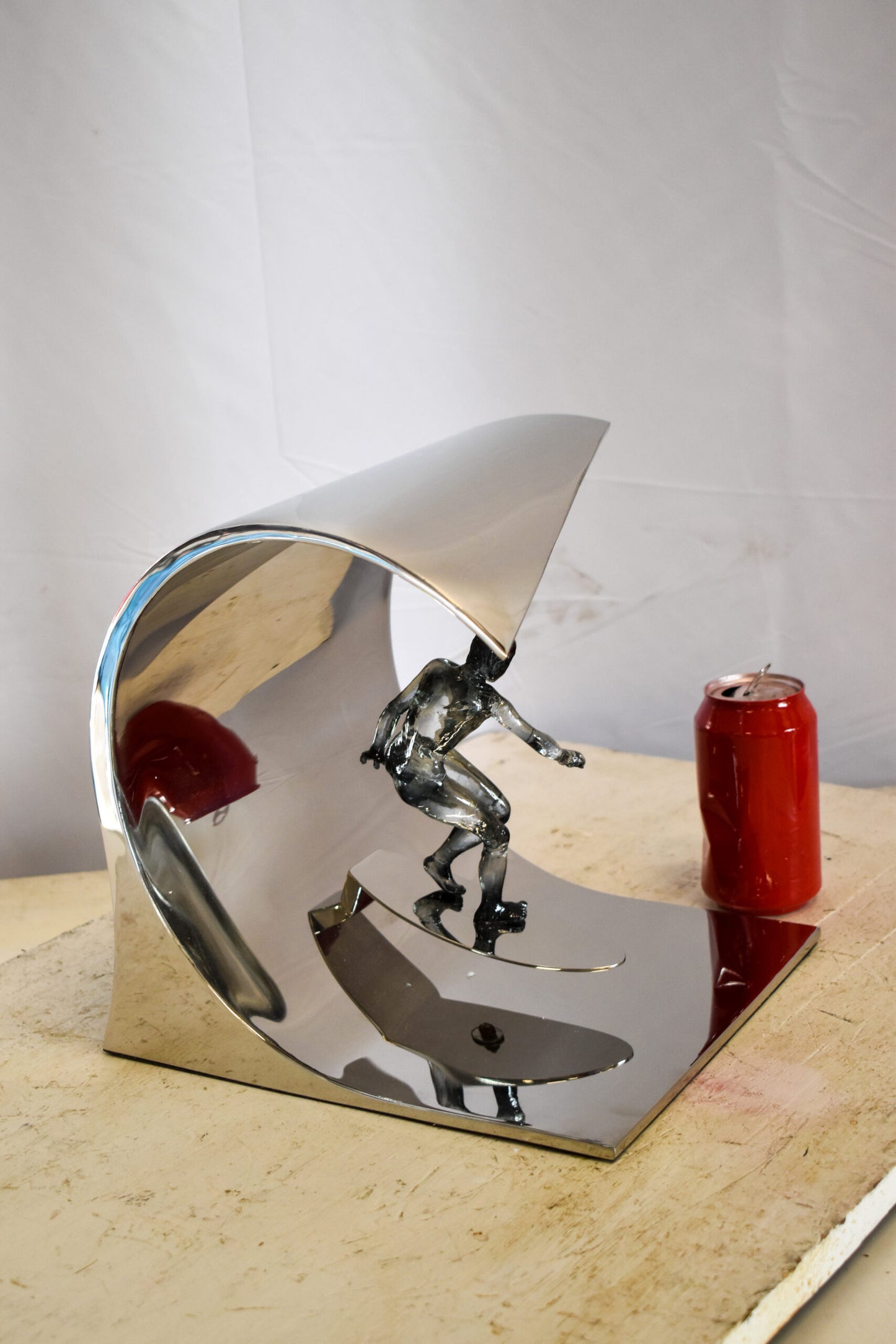 Modern Unique Stainless Steel Ocean Wave Surfer Statue 10" x 9" x 11"H