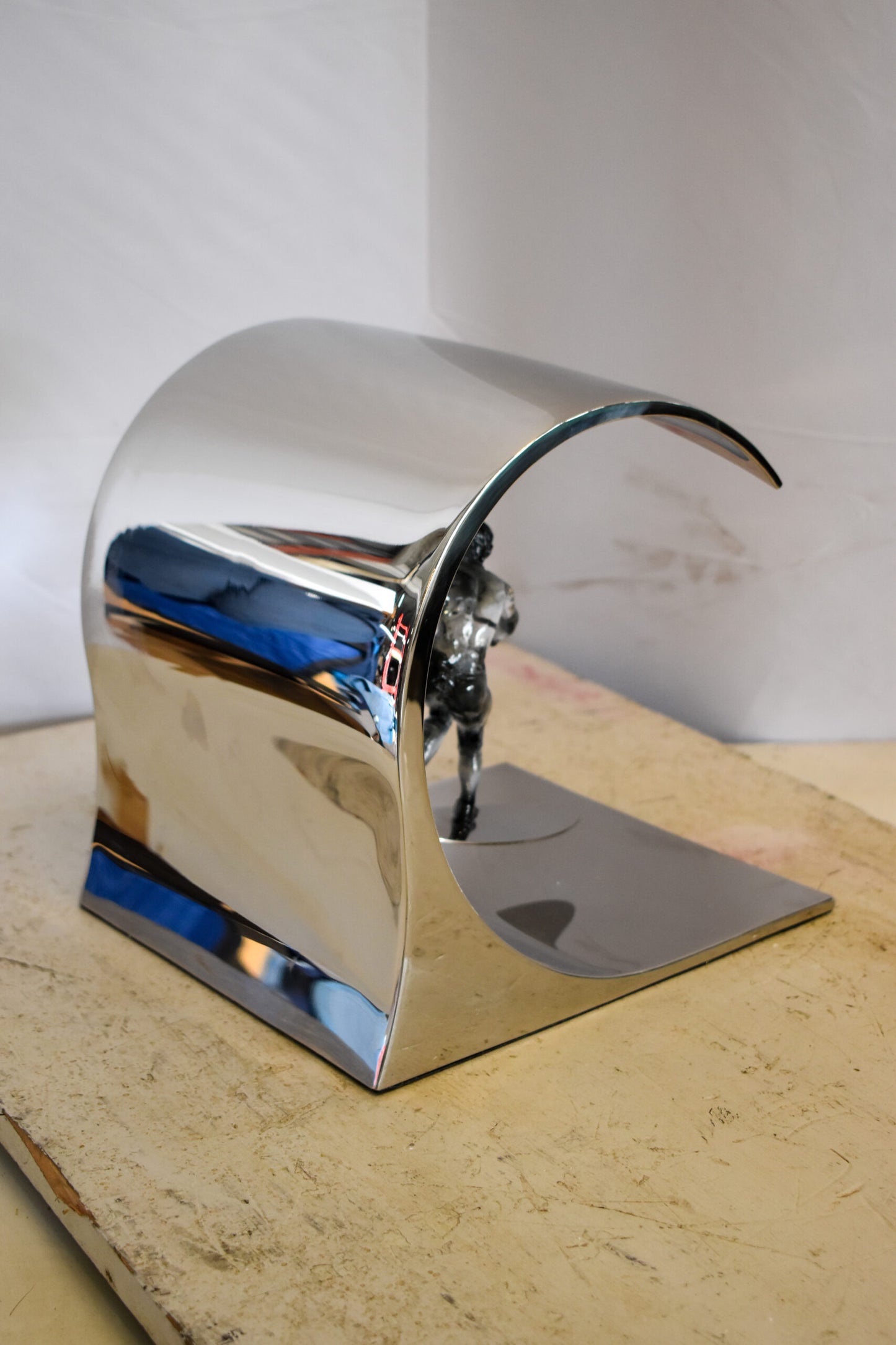 Modern Unique Stainless Steel Ocean Wave Surfer Statue 10" x 9" x 11"H
