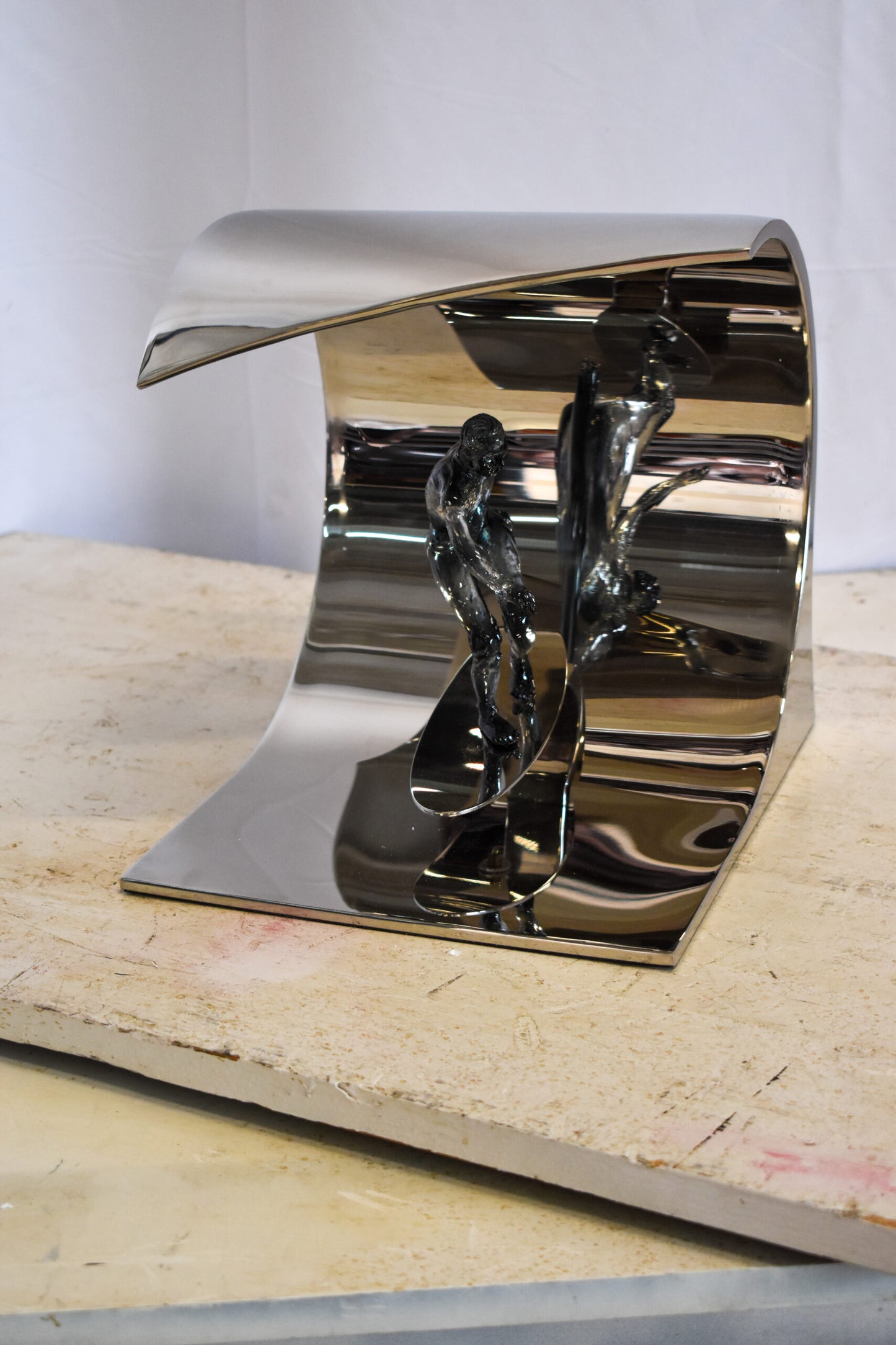 Modern Unique Stainless Steel Ocean Wave Surfer Statue 10" x 9" x 11"H