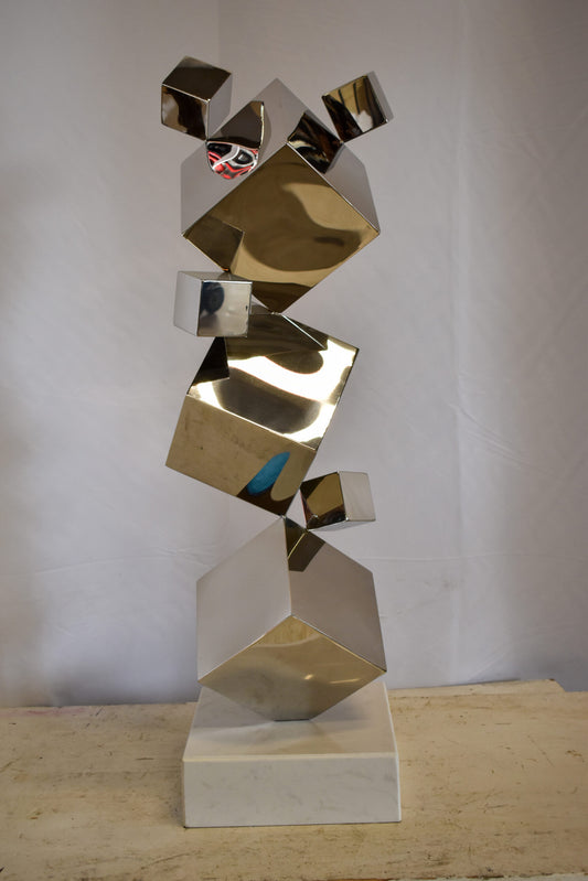 Abstruse Modern Stainless Steel Floating Cube Shapes Statue 9" x 11" x 33"H