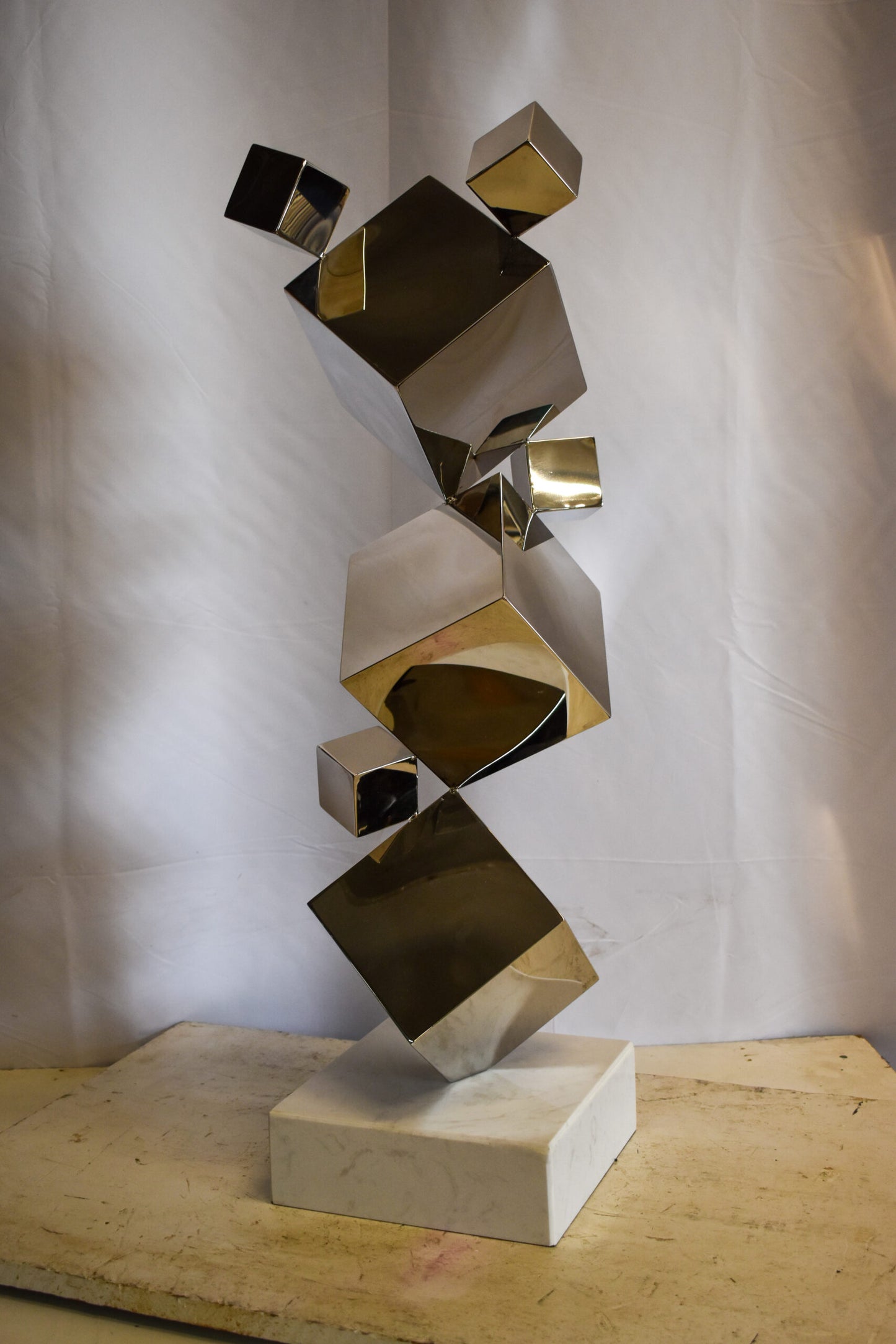 Abstruse Modern Stainless Steel Floating Cube Shapes Statue 9" x 11" x 33"H