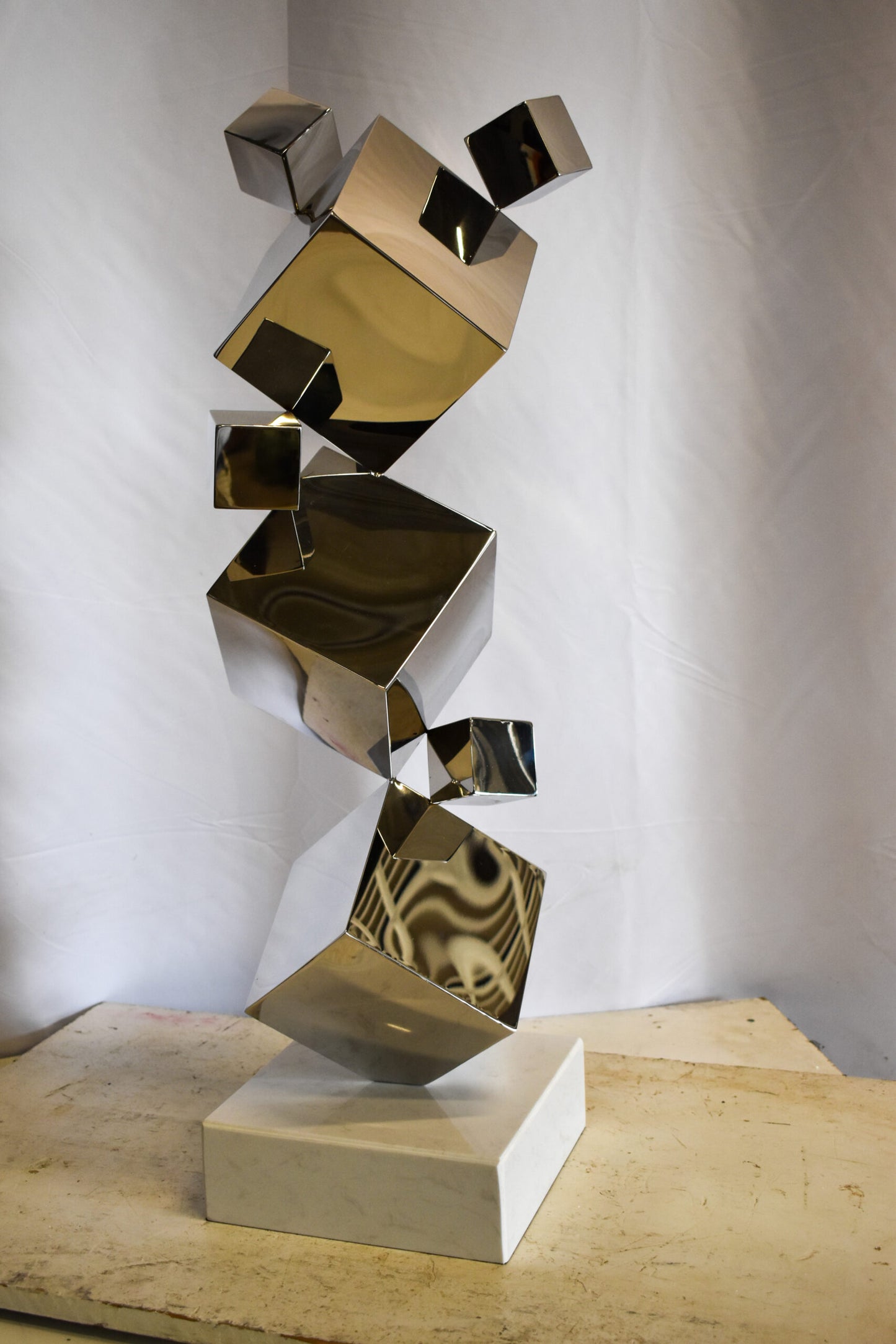 Abstruse Modern Stainless Steel Floating Cube Shapes Statue 9" x 11" x 33"H