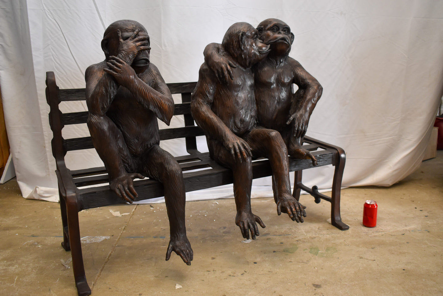 Three Emotional Monkeys on Bench Bronze Statue 57" x 20" x 43"H