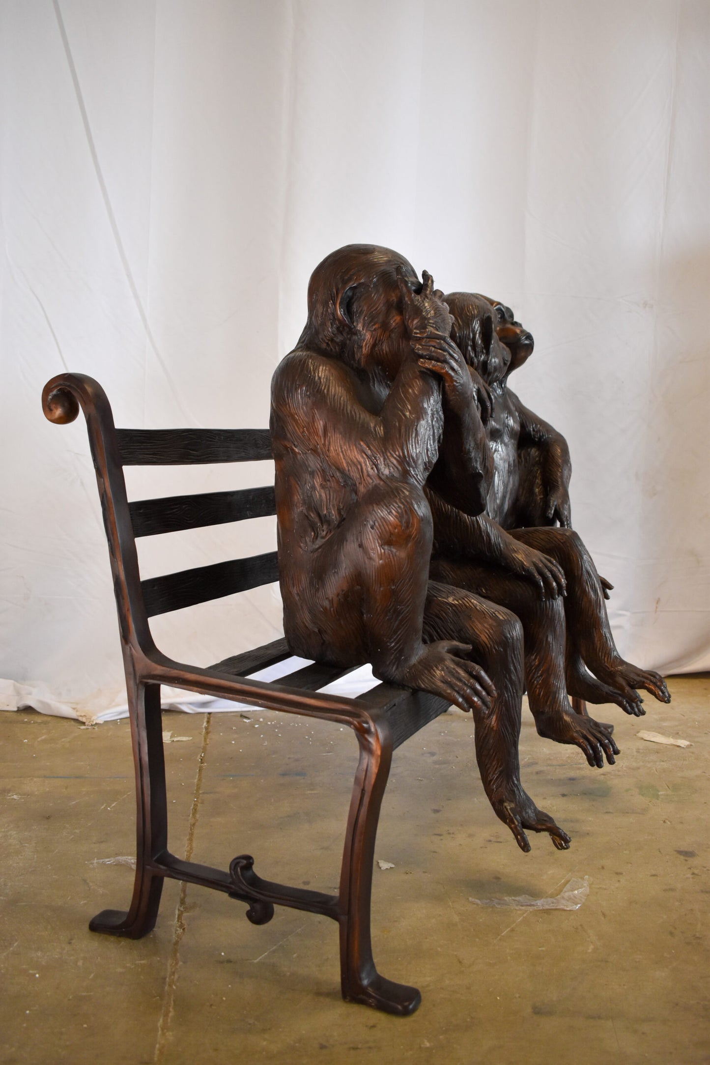 Three Emotional Monkeys on Bench Bronze Statue 57" x 20" x 43"H