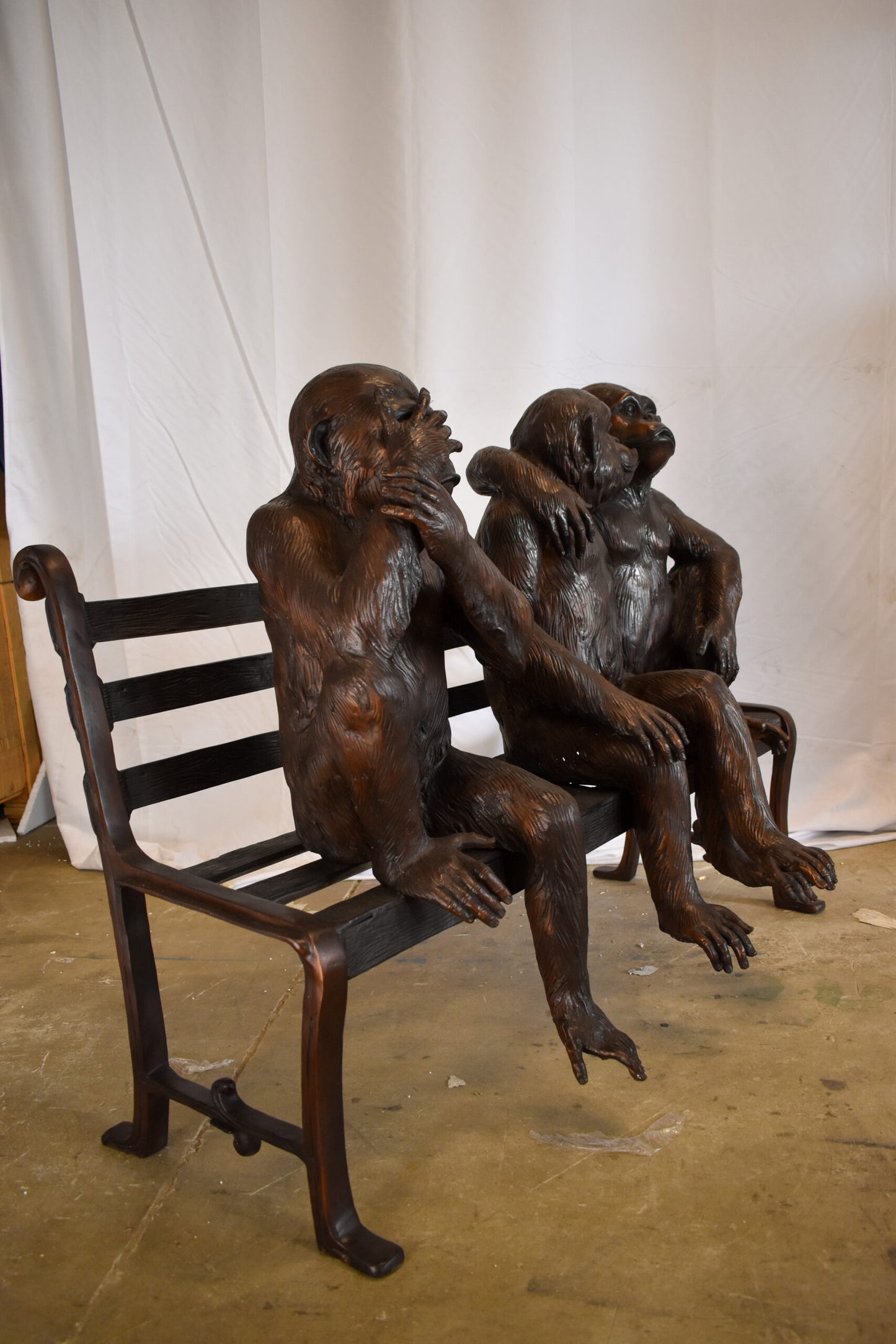 Three Emotional Monkeys on Bench Bronze Statue 57" x 20" x 43"H