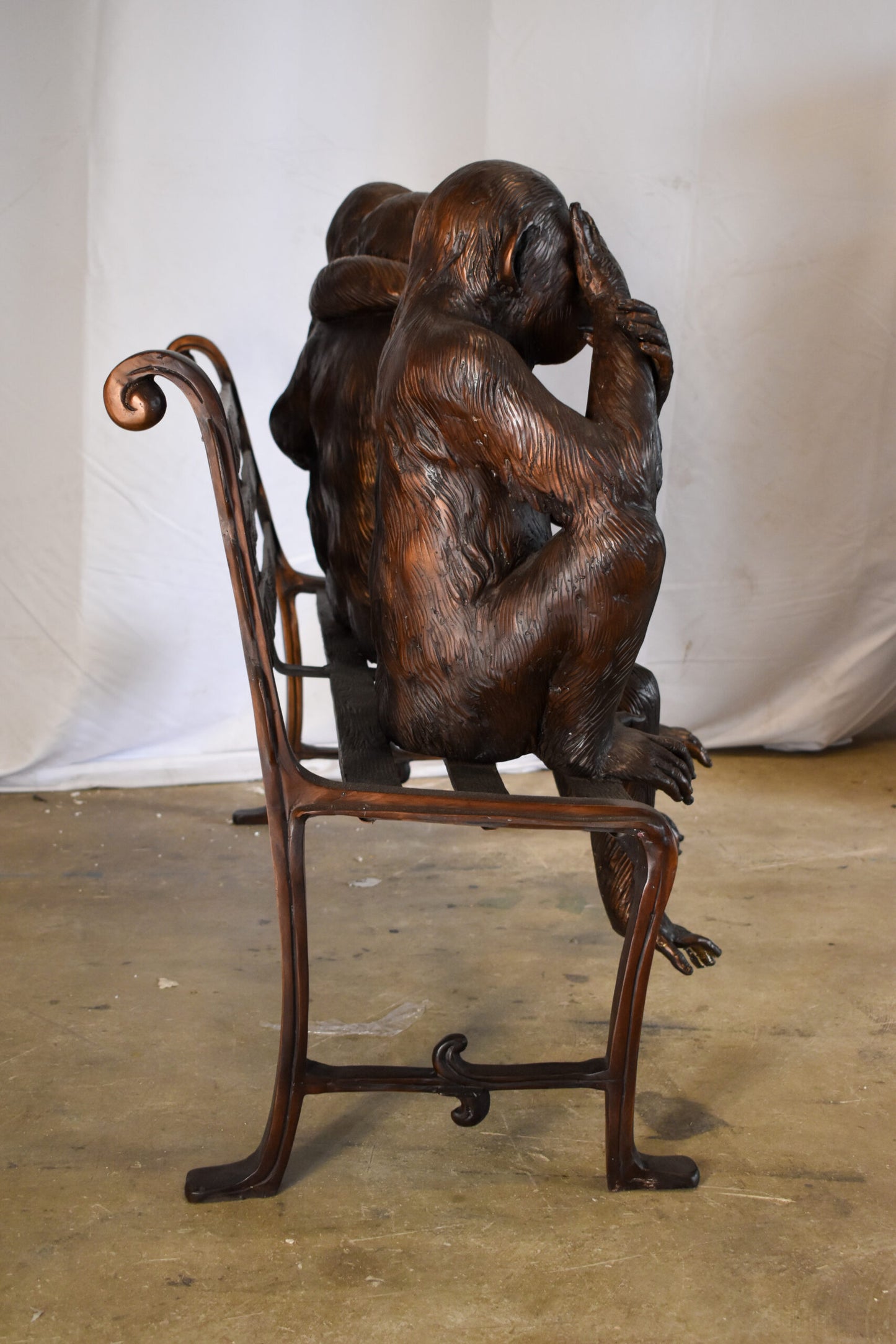 Three Emotional Monkeys on Bench Bronze Statue 57" x 20" x 43"H