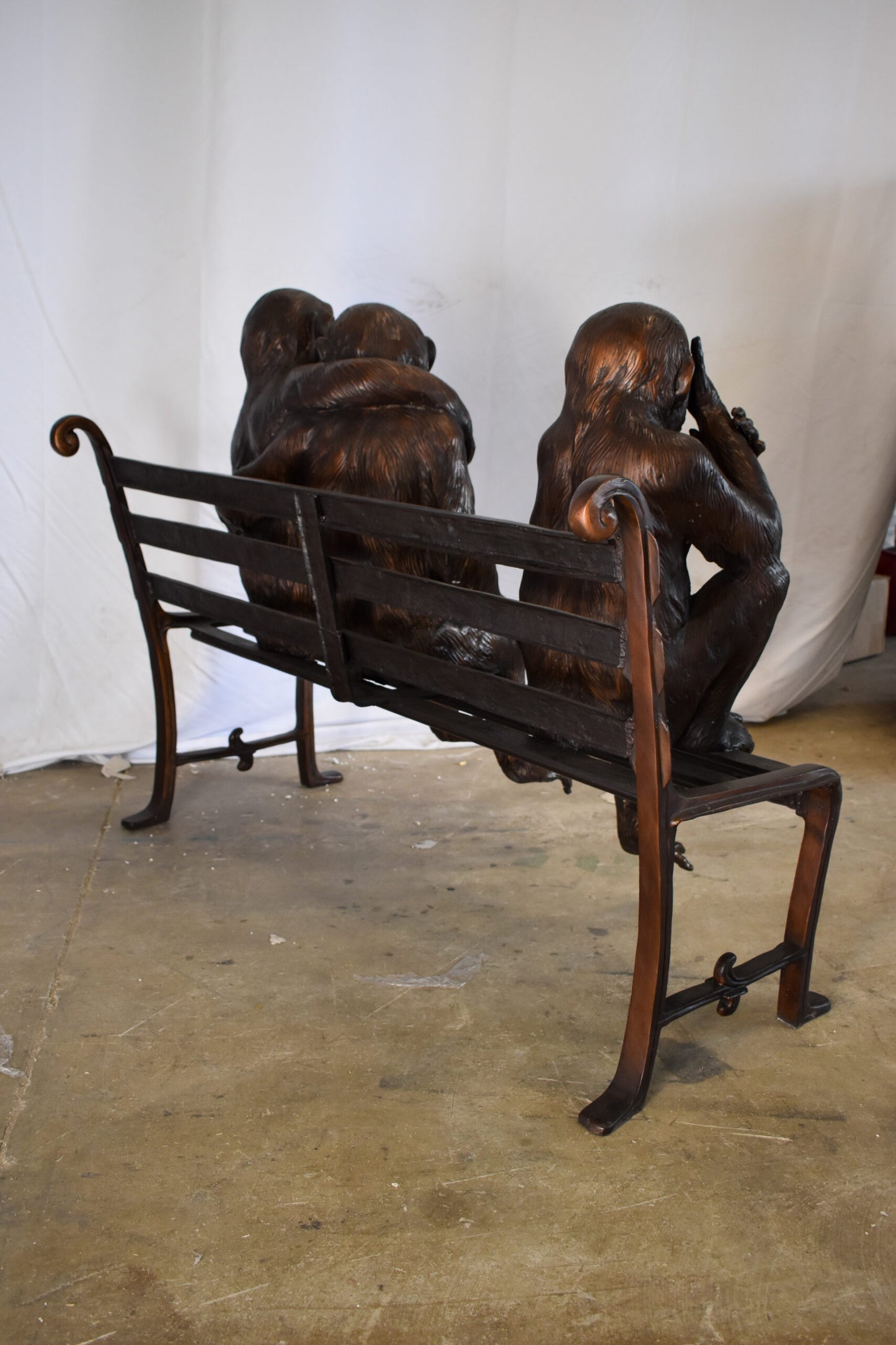Three Emotional Monkeys on Bench Bronze Statue 57" x 20" x 43"H