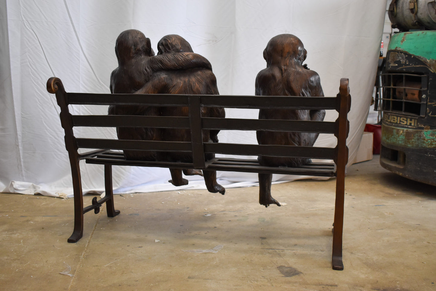 Three Emotional Monkeys on Bench Bronze Statue 57" x 20" x 43"H