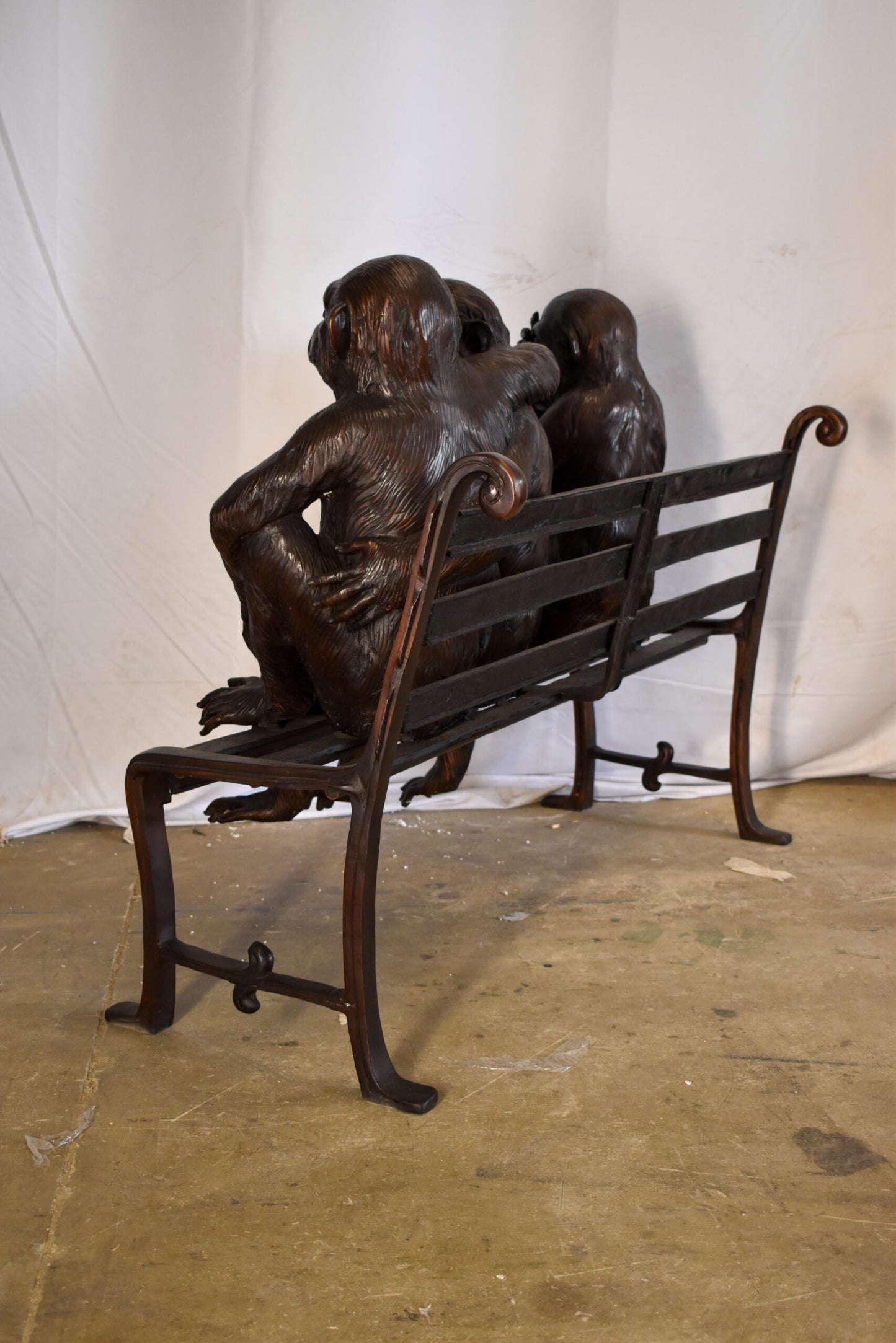Three Emotional Monkeys on Bench Bronze Statue 57" x 20" x 43"H