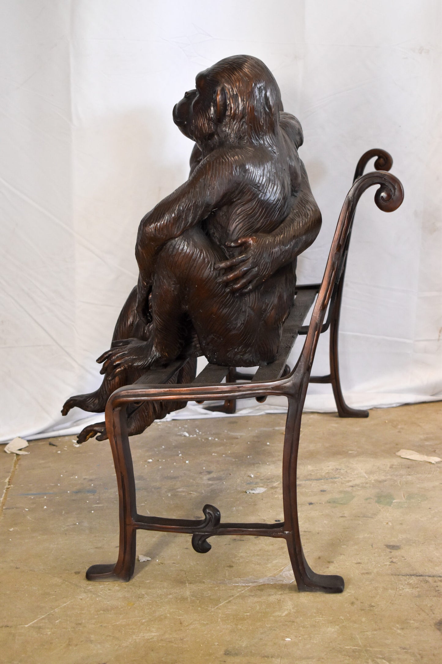 Three Emotional Monkeys on Bench Bronze Statue 57" x 20" x 43"H