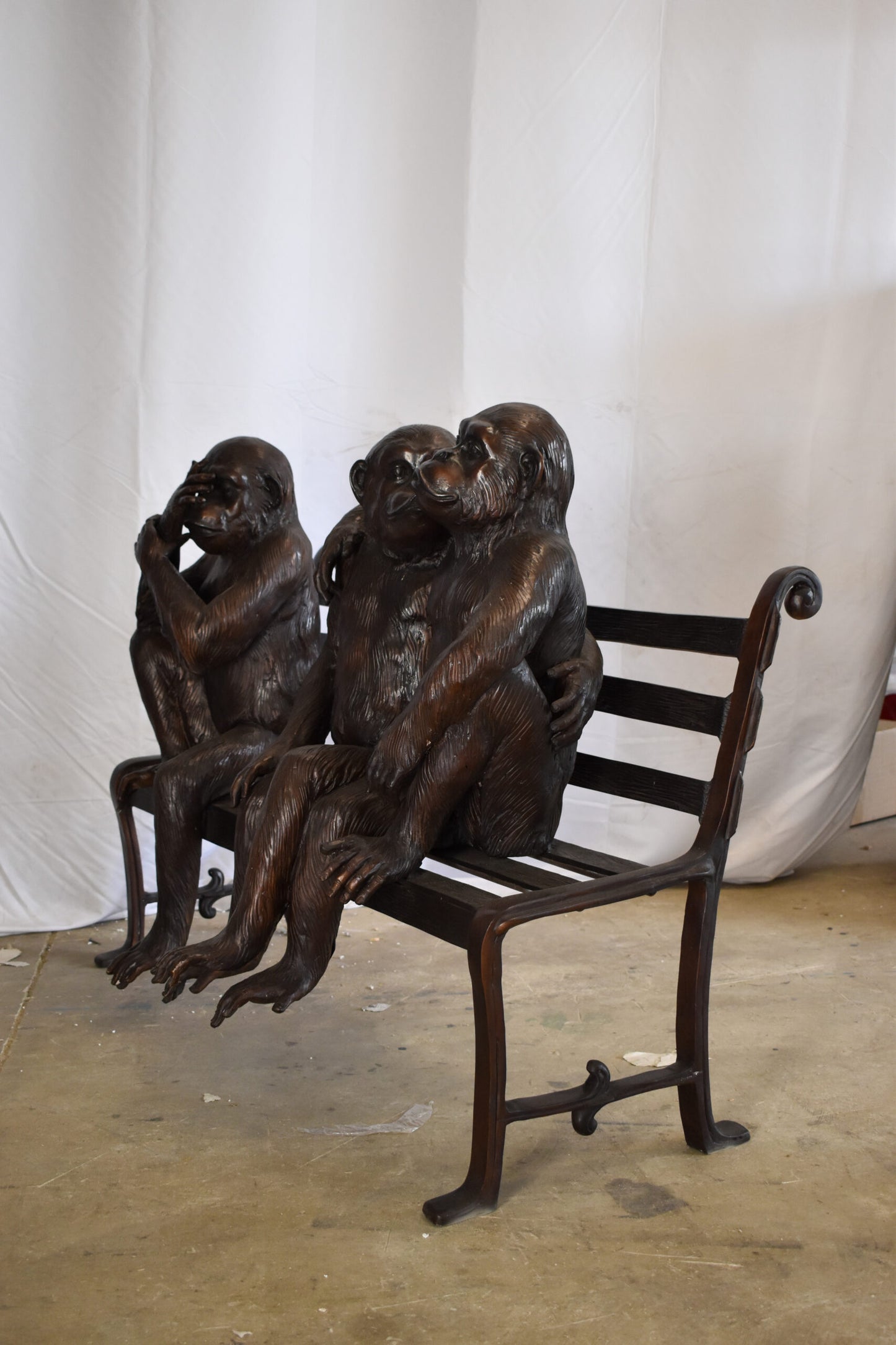 Three Emotional Monkeys on Bench Bronze Statue 57" x 20" x 43"H