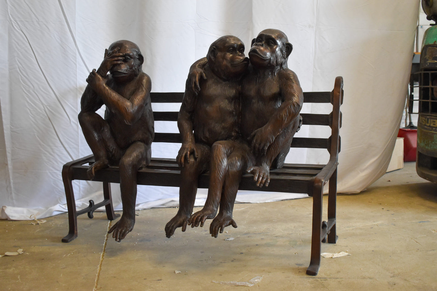 Three Emotional Monkeys on Bench Bronze Statue 57" x 20" x 43"H