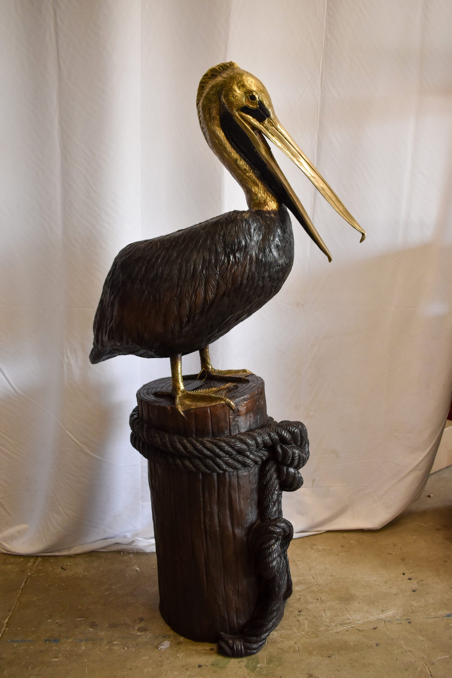 Pelican on Tree Stump Bronze Statue Fountain 43" x 24" x 76"H