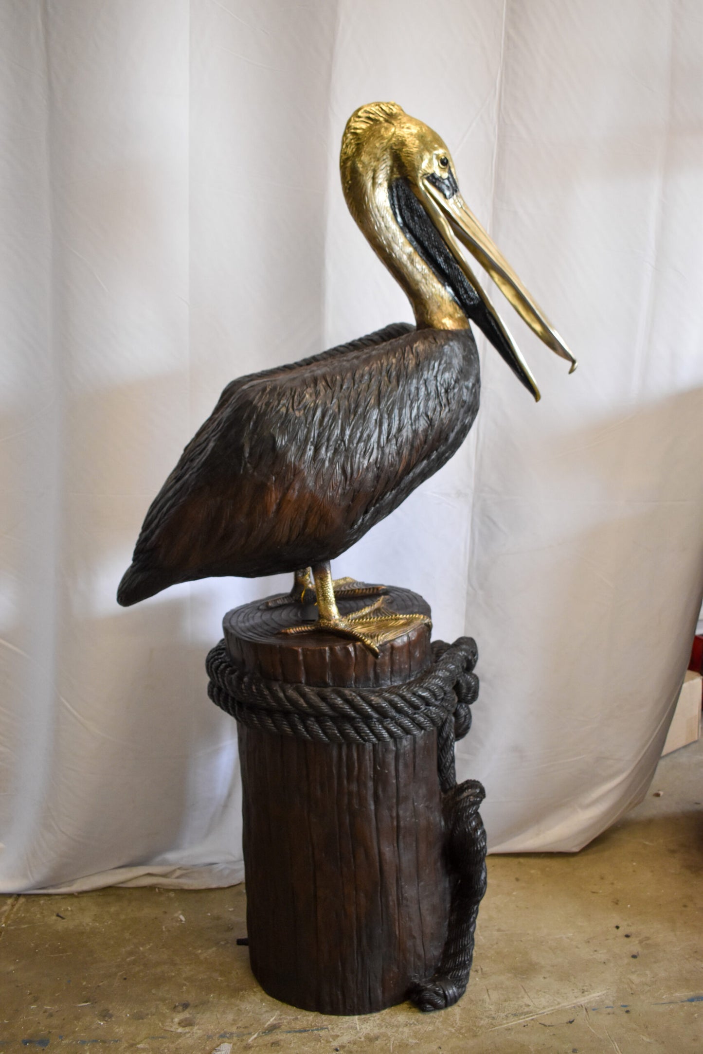 Pelican on Tree Stump Bronze Statue Fountain 43" x 24" x 76"H