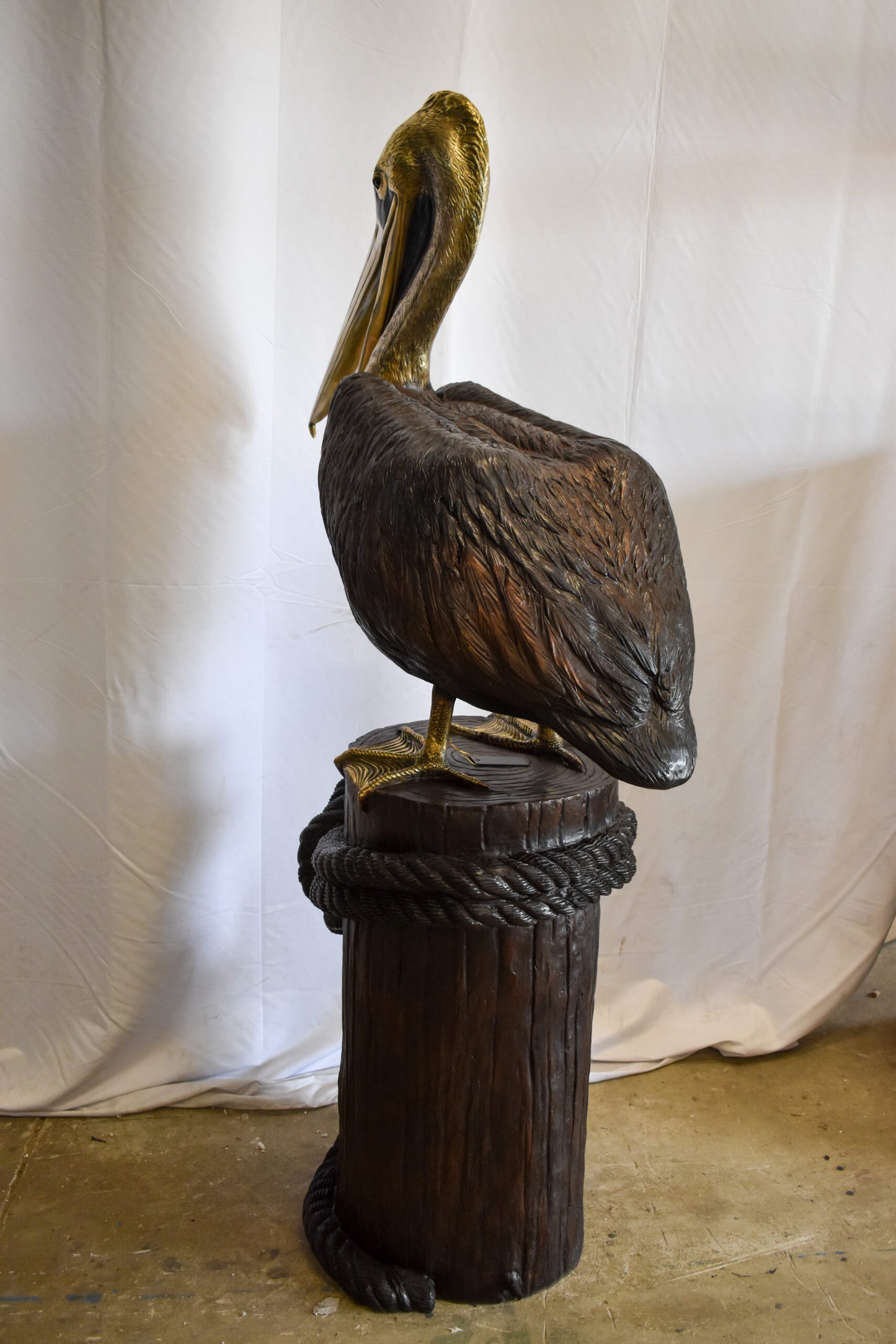 Pelican on Tree Stump Bronze Statue Fountain 43" x 24" x 76"H