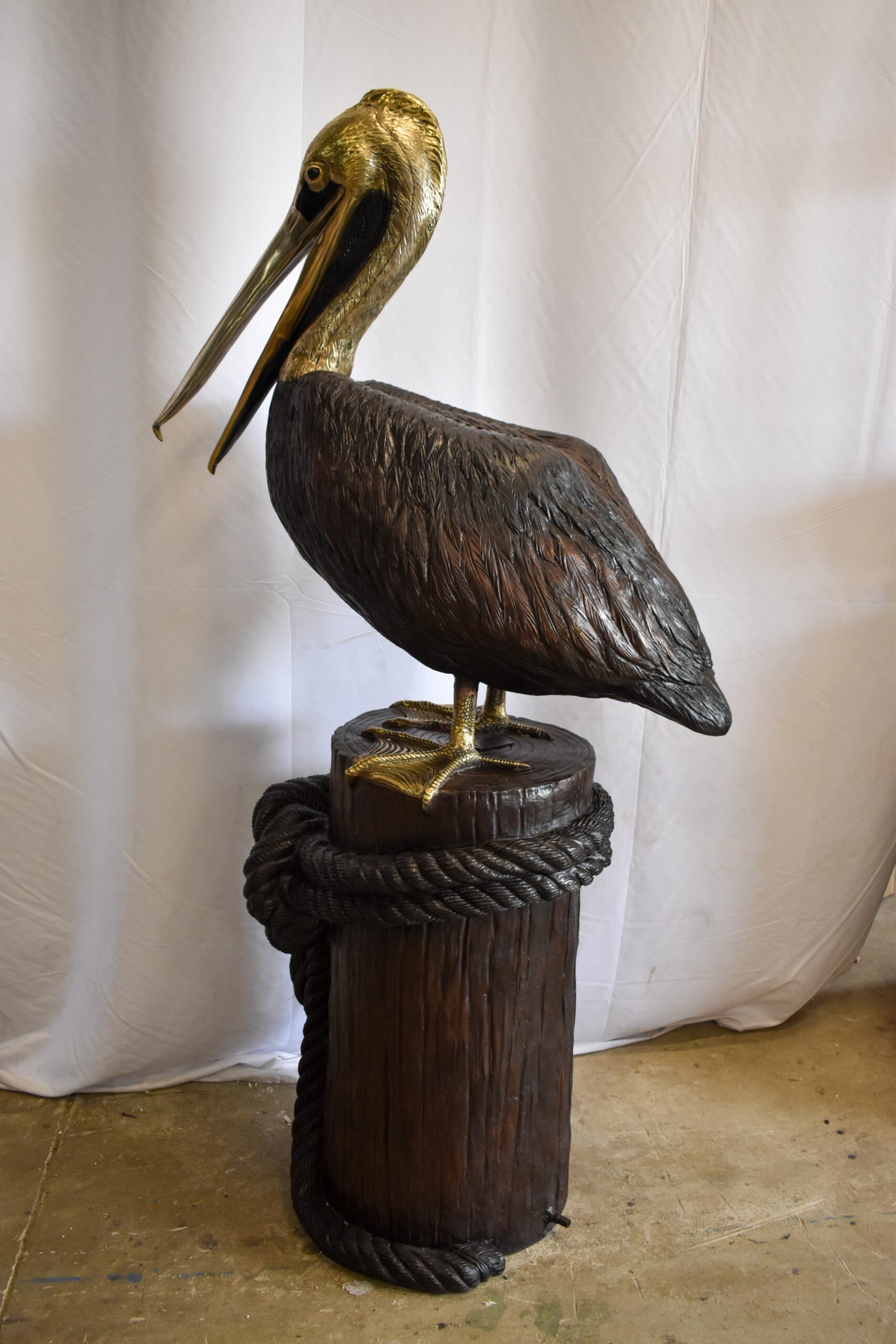 Pelican on Tree Stump Bronze Statue Fountain 43" x 24" x 76"H