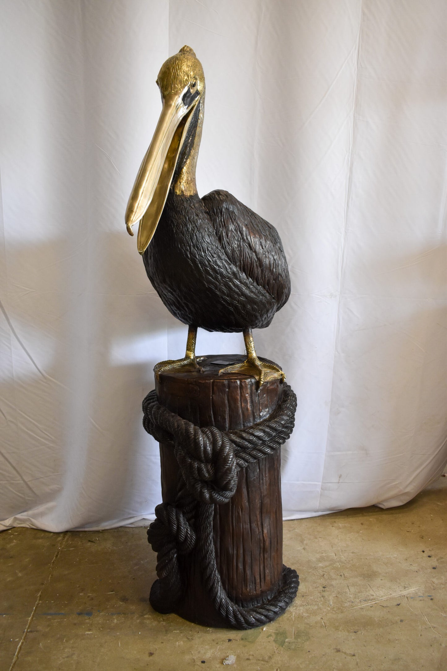 Pelican on Tree Stump Bronze Statue Fountain 43" x 24" x 76"H