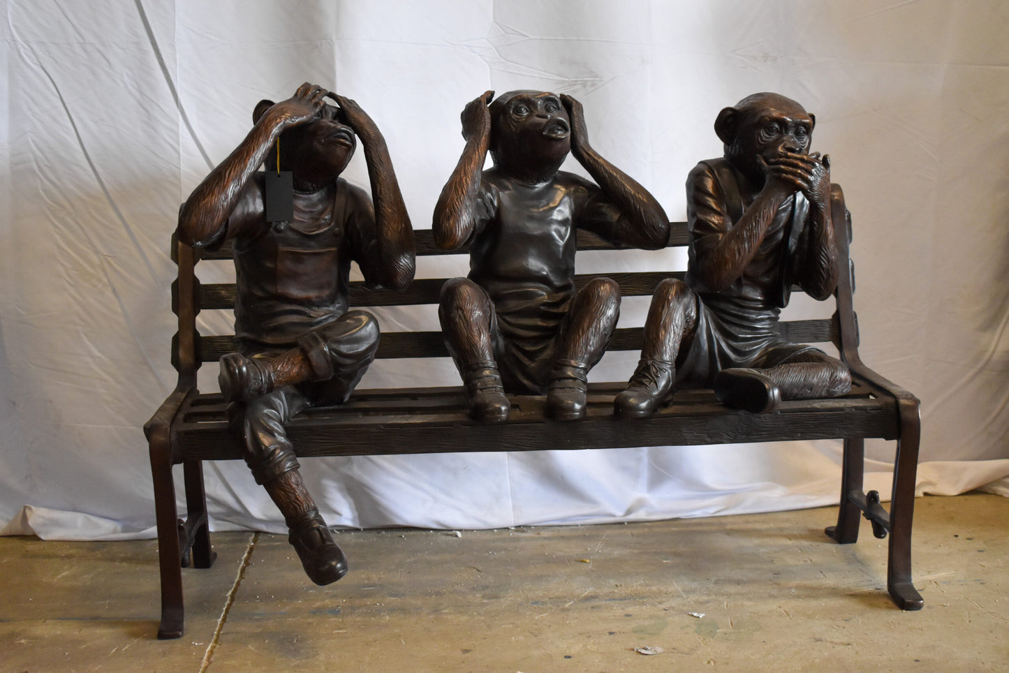 Three Comedic Monkeys on a bronze Bench, Say, Hear, See no Evil 57" x 20" x 43"H