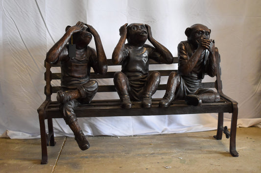 Three Comedic Monkeys on a bronze Bench, Say, Hear, See no Evil 57" x 20" x 43"H
