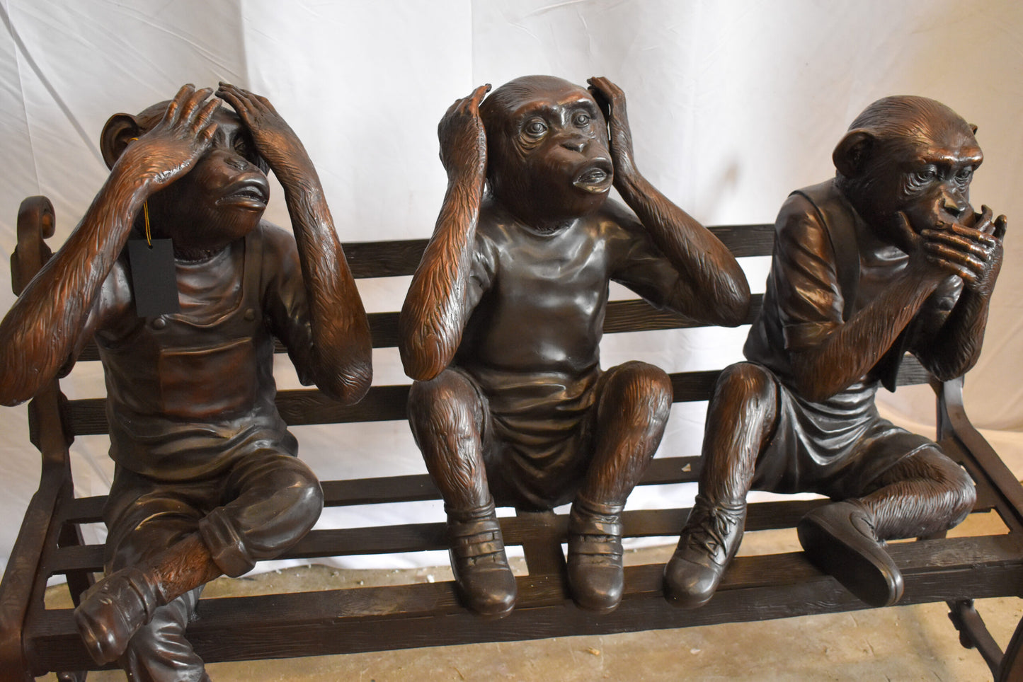 Three Comedic Monkeys on a bronze Bench, Say, Hear, See no Evil 57" x 20" x 43"H