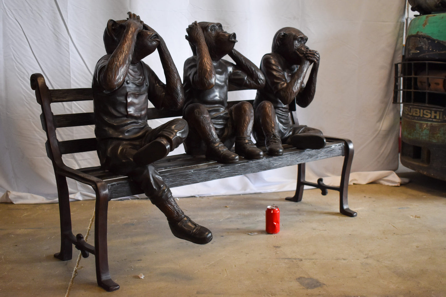 Three Comedic Monkeys on a bronze Bench, Say, Hear, See no Evil 57" x 20" x 43"H