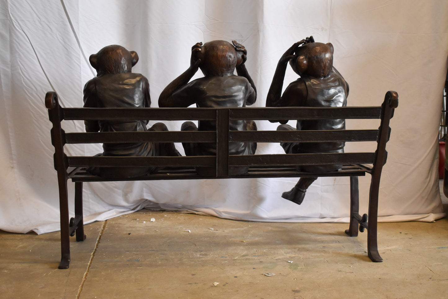 Three Comedic Monkeys on a bronze Bench, Say, Hear, See no Evil 57" x 20" x 43"H