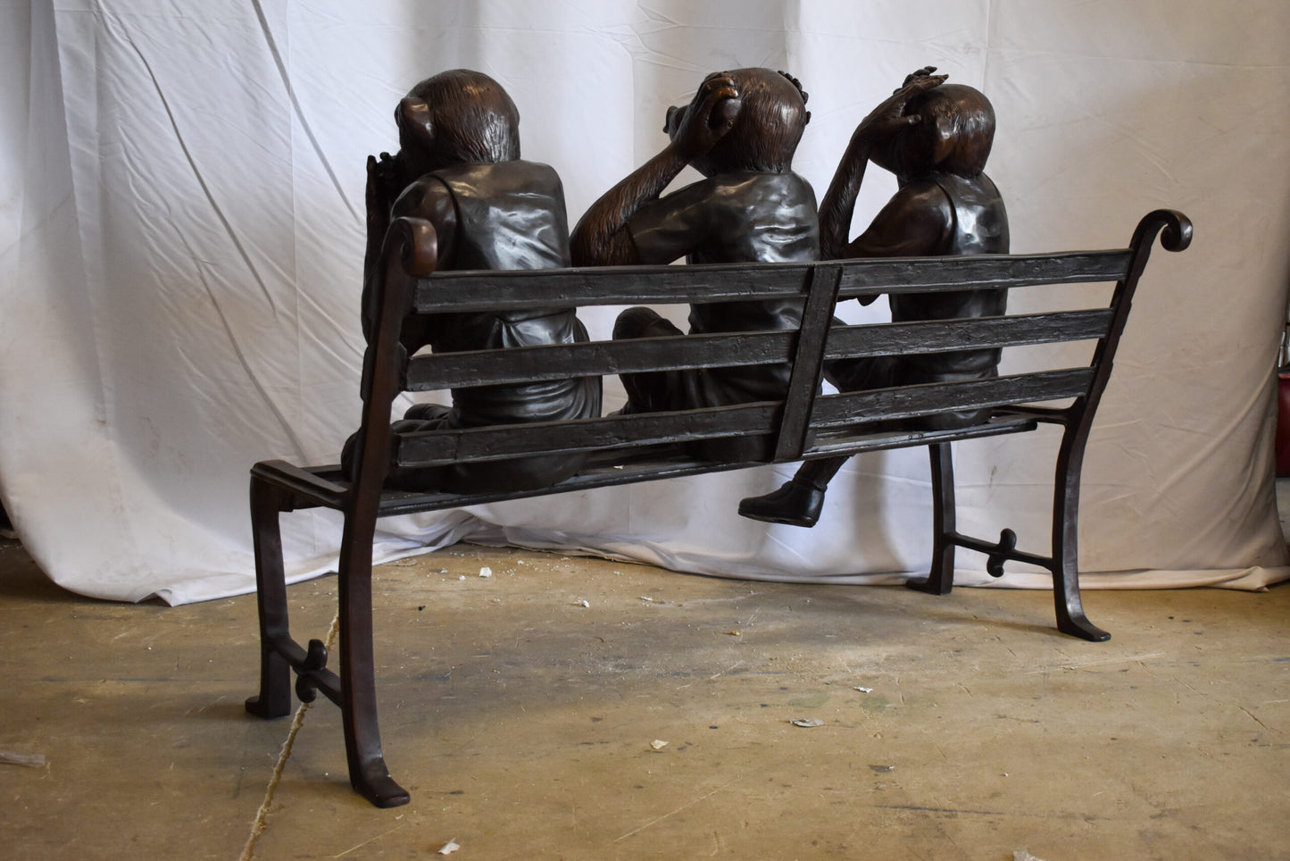 Three Comedic Monkeys on a bronze Bench, Say, Hear, See no Evil 57" x 20" x 43"H