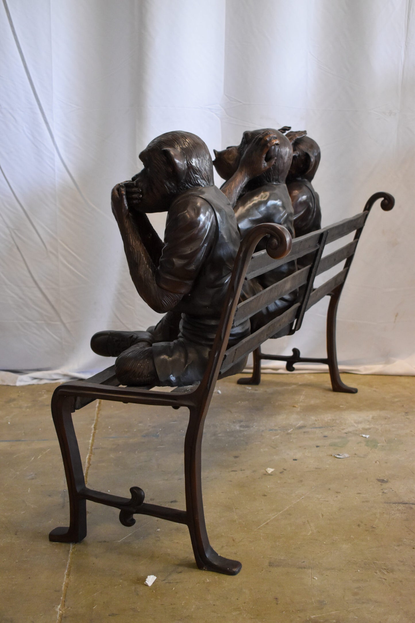 Three Comedic Monkeys on a bronze Bench, Say, Hear, See no Evil 57" x 20" x 43"H