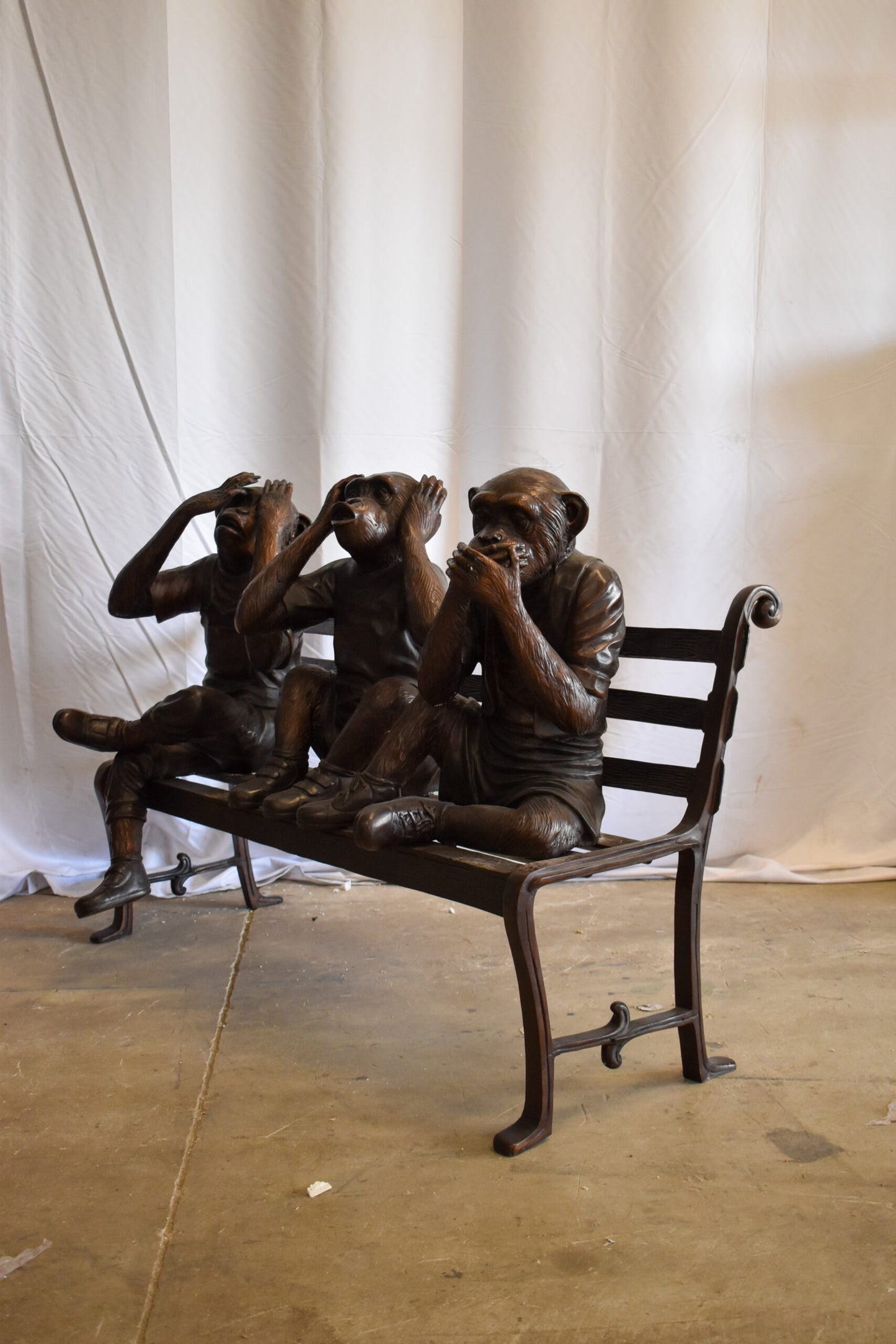 Three Comedic Monkeys on a bronze Bench, Say, Hear, See no Evil 57" x 20" x 43"H
