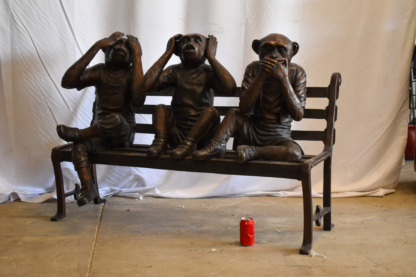 Three Comedic Monkeys on a bronze Bench, Say, Hear, See no Evil 57" x 20" x 43"H